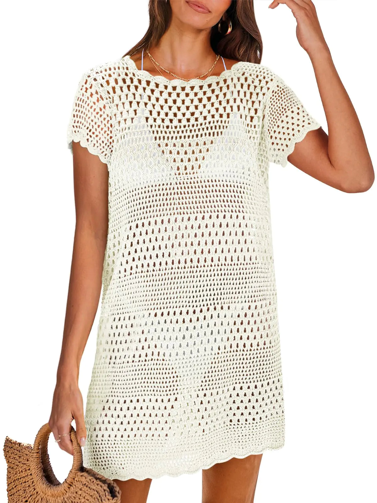 ANRABESS Women Swimsuit Crochet Swim Cover Up Summer Bathing Suit Swimwear Knit Short Sleeve Pullover 2025 Beach Dress White Small