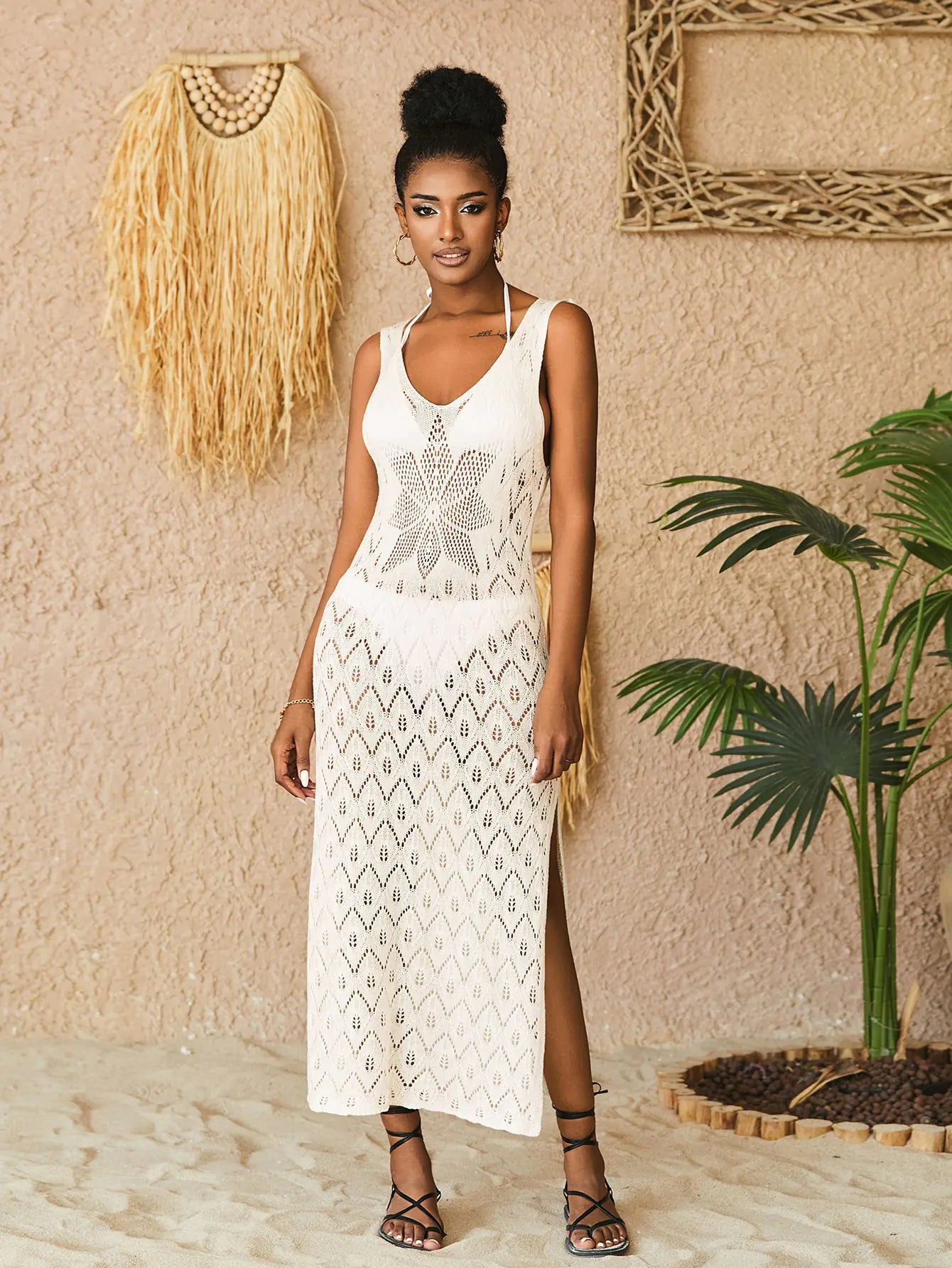 New Hollow Knit Vest Dress Beach Cover-Up Maxi Dress