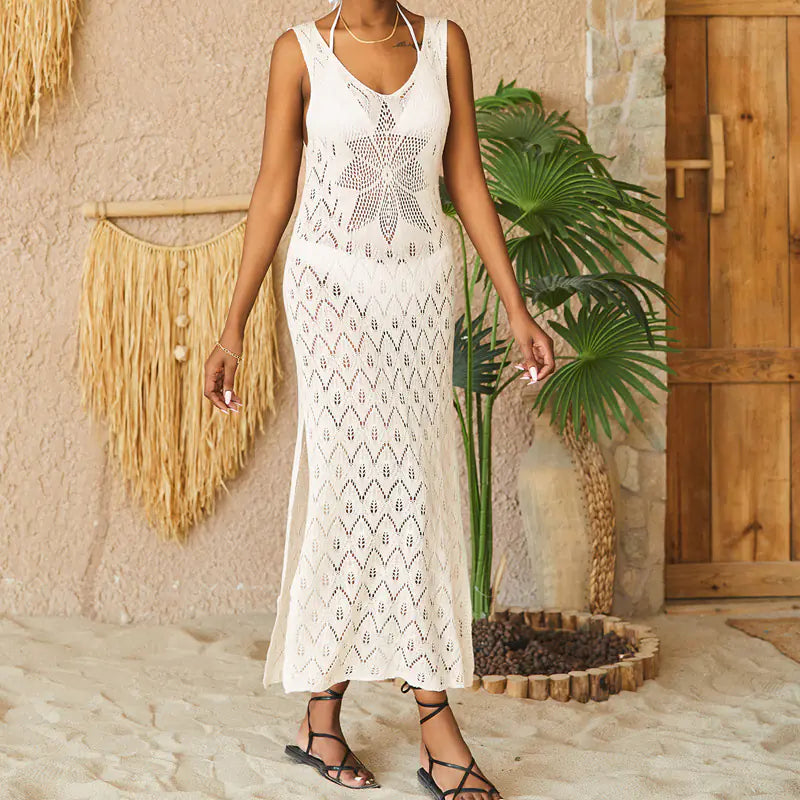 New Hollow Knit Vest Dress Beach Cover-Up Maxi Dress