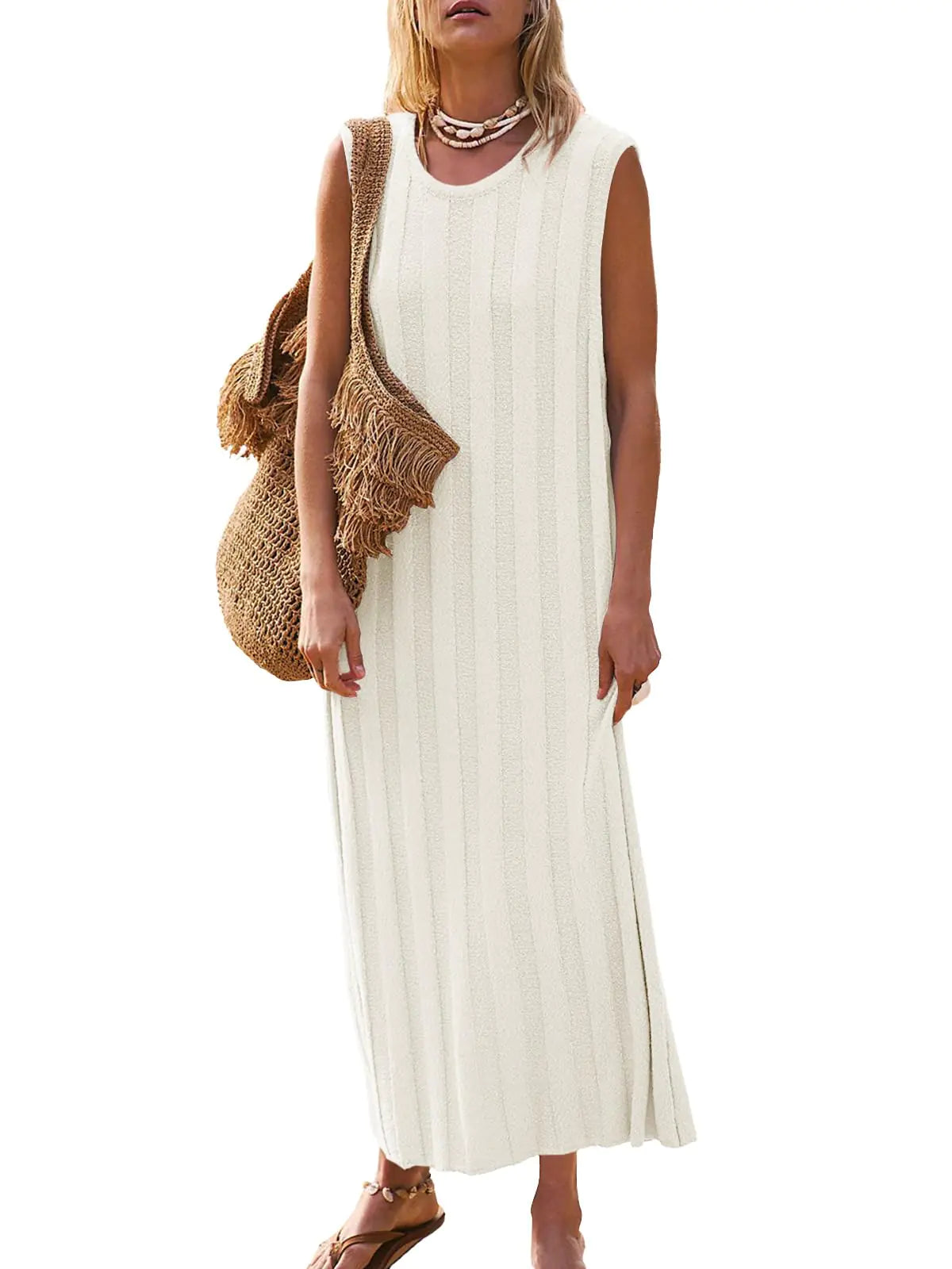 Fisoew Womens Summer Sleeveless Maxi Dress Scoop Neck Ribbed Knit Tank Top Dresses White