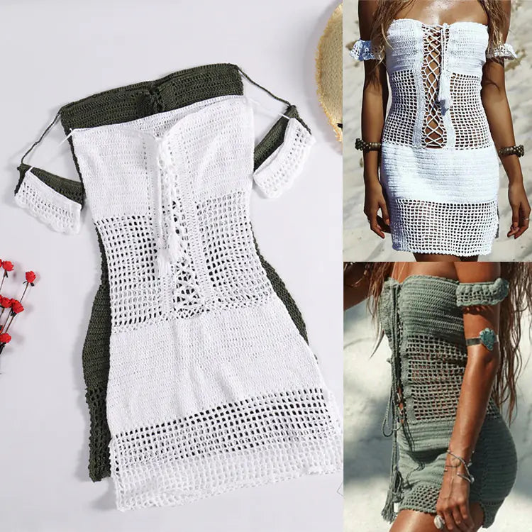 Cross-Back Knit Bodycon Beach Dress with Cutouts