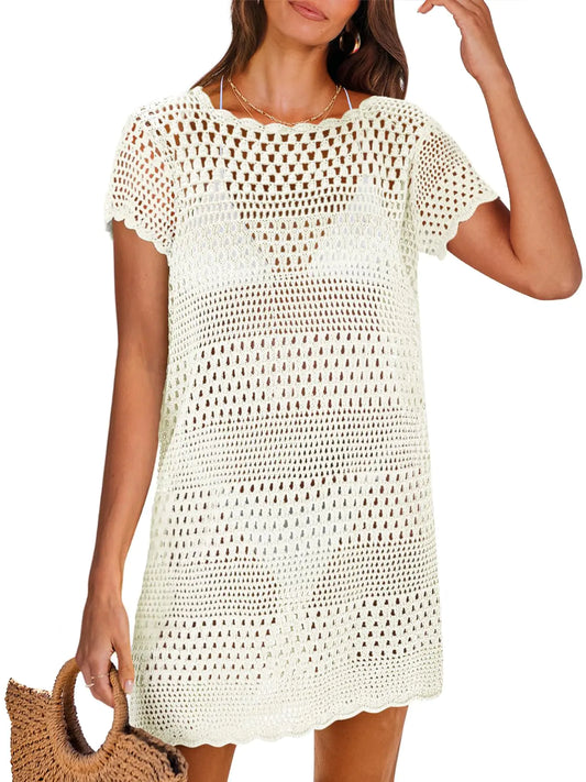 ANRABESS Women Swimsuit Crochet Swim Cover Up Summer Bathing Suit Swimwear Knit Short Sleeve Pullover 2025 Beach Dress White Small