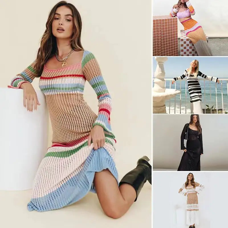 Multicolor Cutout Long Sleeve Knit Dress
