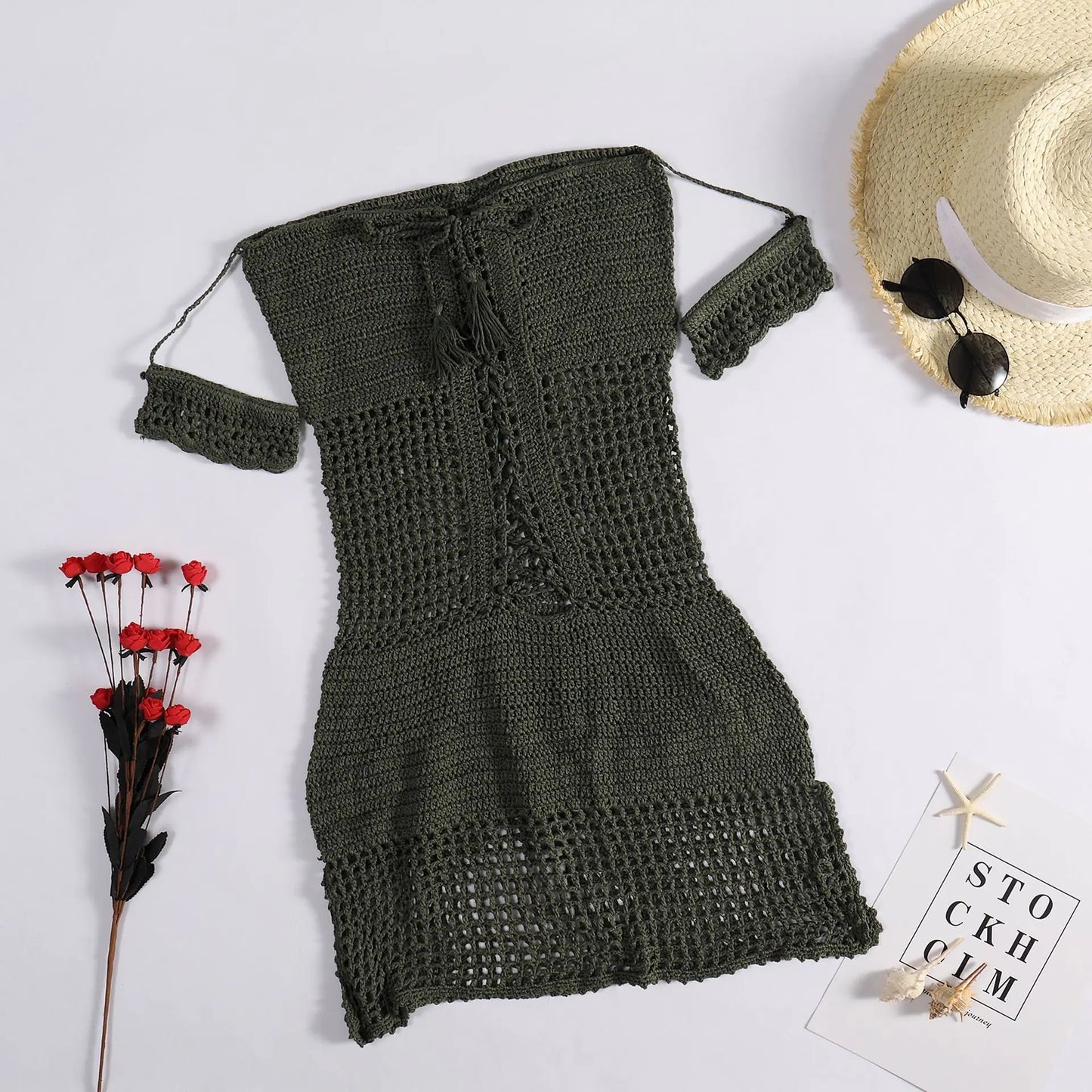Cross-Back Knit Bodycon Beach Dress with Cutouts