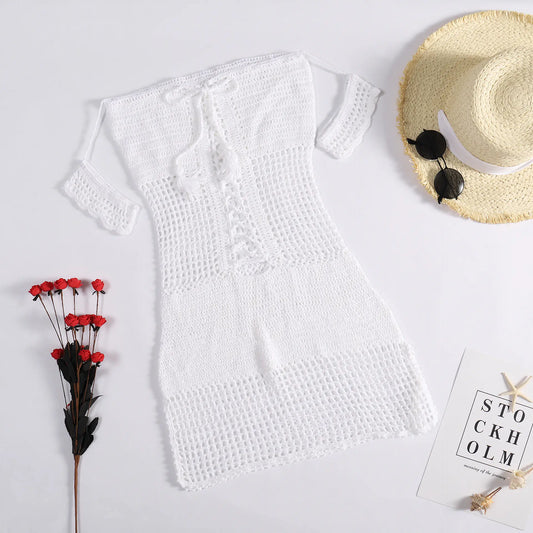 Cross-Back Knit Bodycon Beach Dress with Cutouts